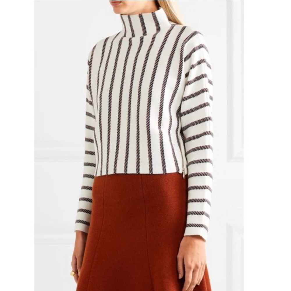 Maje Matina Jacquard Wool Blend Knit Boxy Striped Turtleneck in Ecru Size Small